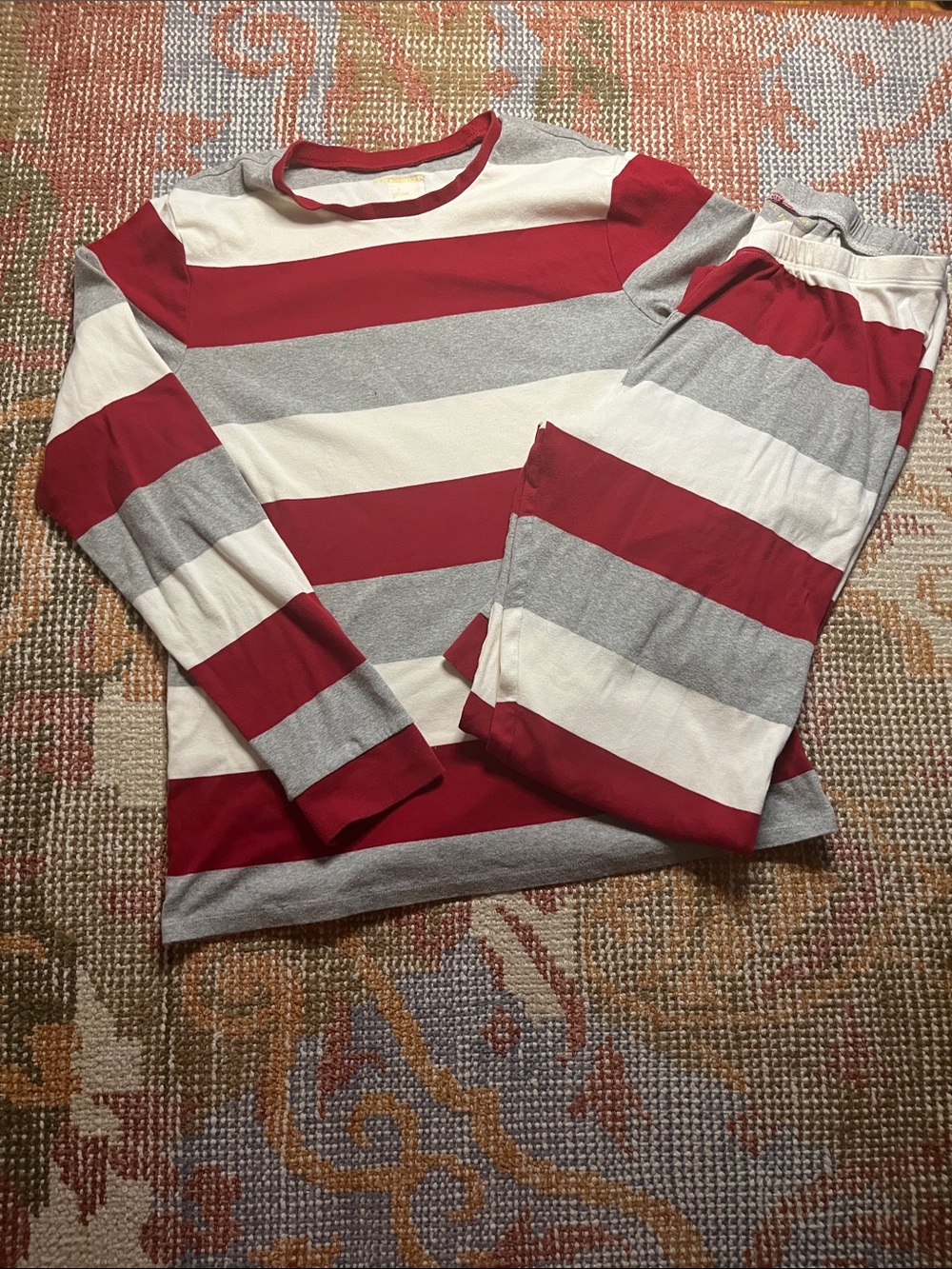 Burt’s Bees Baby Women’s Holiday Pajama Set Red Gray Cream Striped Lounge Size L